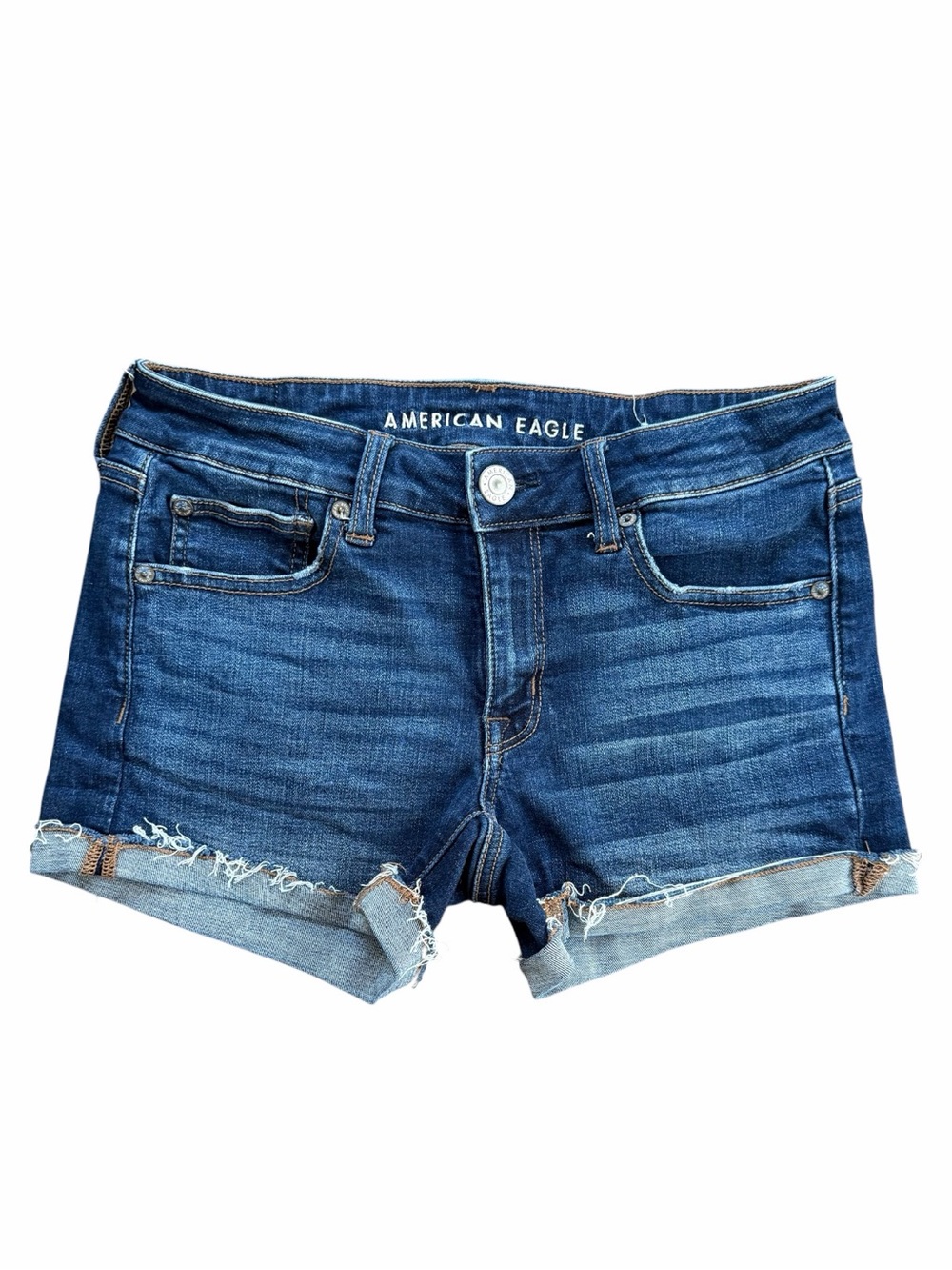 American Eagle Outfitters Blue Denim SHORTIE Stretch Frayed Cuffed Shorts. EUC